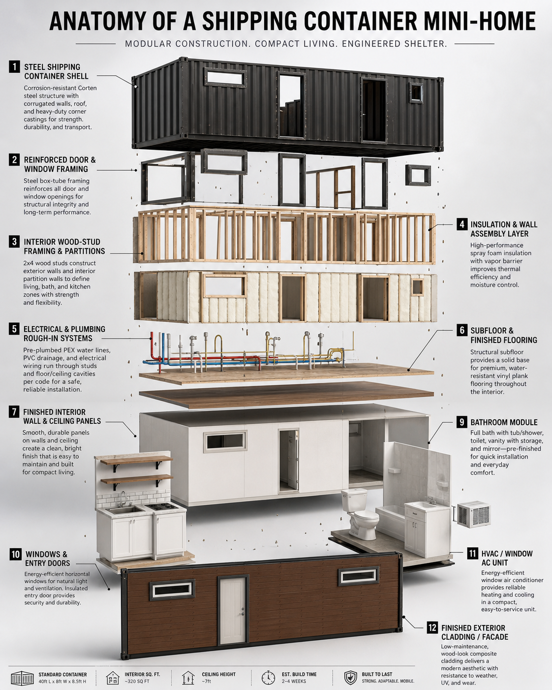 Exploded diagram showing 12 layers of a shipping container mini home from steel shell through insulation, plumbing, flooring, kitchenette, bathroom, and exterior cladding