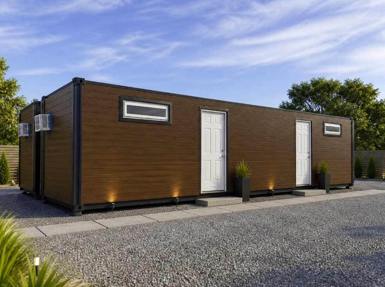 CMAC flagship container mini home with wood-look cladding, dual entry doors, and landscaped gravel setting